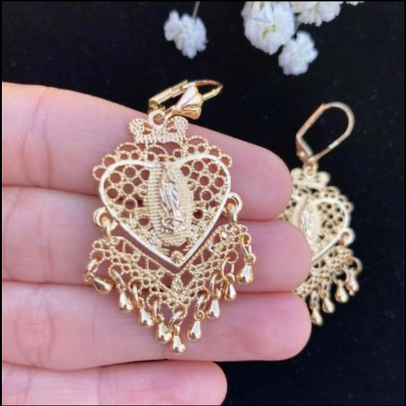 18k Gold Filled Filigree Virgin Guadalupe earrings/Aretes Filigrana Oro Laminado - Picture 4 of 6